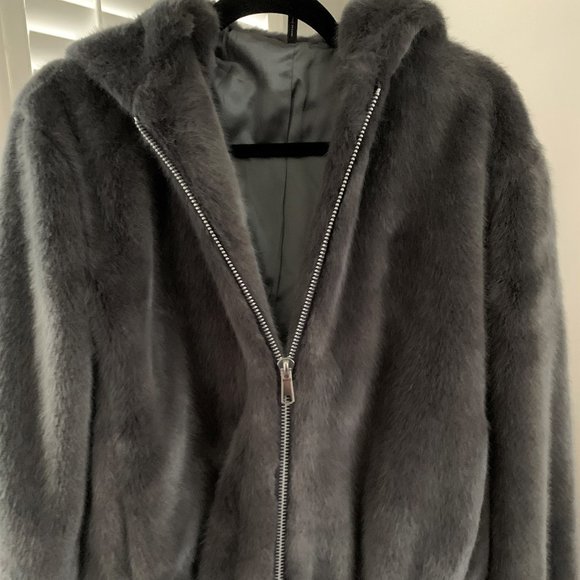 HELMUT LANG MINK GREY FAUX FUR HOODED BOMBER  S - Picture 5 of 10